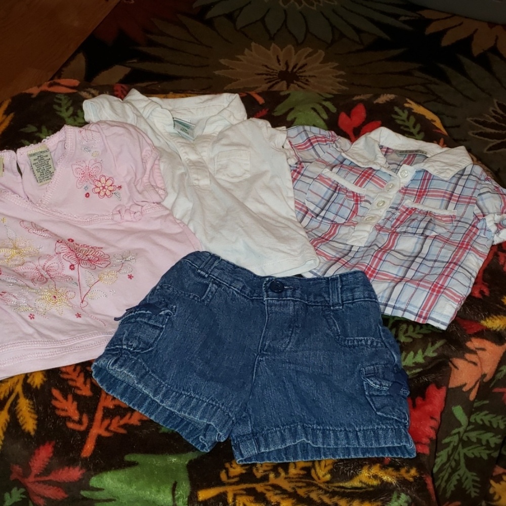 3 shirts and 1 jean short with bows 12-18 mos